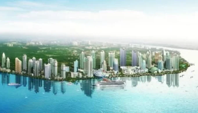 Exterior type: high-rise condominium; features: city skyline, waterfront view, modern glass facades, various building heights, green landscaping, boats on water, urban development, reflective surfaces, mixed-use buildings; style: modern.